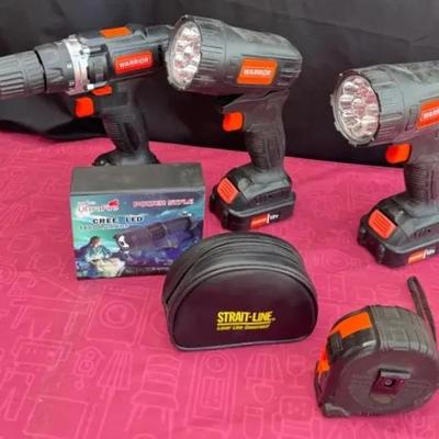 Warrior 12V Cordless 3/8 in. Drill/Driver & Flashlight Set, Straight Line Laser Generater Plus More
