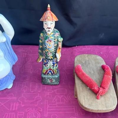 Vintage Japanese Wooden Geta Sandals And (2) Figurines