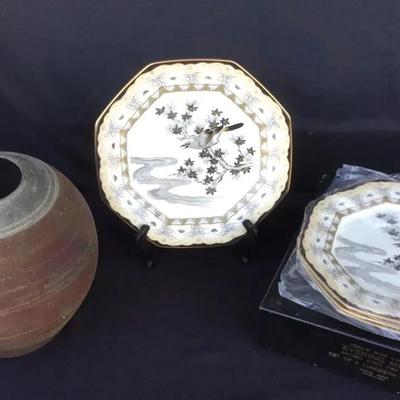 Mikasa Bone China “Evening Mist” Luncheon Plates (3), and Metal Vase