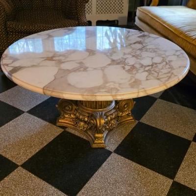 Hollywood Regency Marble Cocktail Table with Gilt Corinthian Base