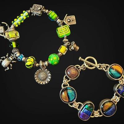 Sterling Silver Bracelets w/ Art Glass & Dichroic Glass Beads (88.8g)