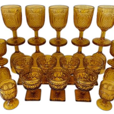 Amber Pineapple Footed Goblets, Indiana Colony Park Goblets, and Moon & Stars Cordial Glasses
