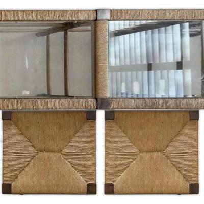 Wicker & Glass Coffee Table w/ Two Rush-Seat Stools