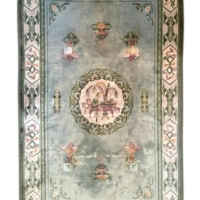 Large Wool Floral Green Area Rug (9.5 x 6 ft)