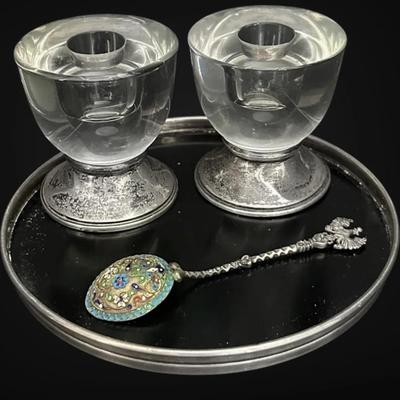Sterling Silver Trivet, Candlestick Holders, & Small Spoon
