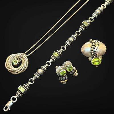 Sterling Silver Peridot Bracelet, Necklace, Earrings, & Pendant (36.4g)