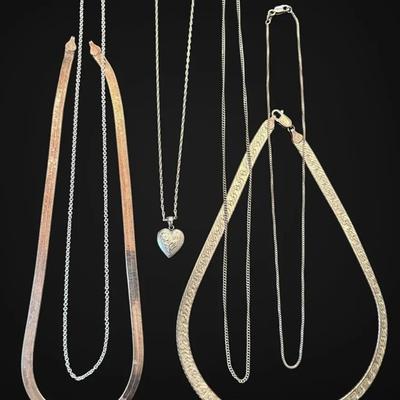Sterling Silver Heart Locket, Chains, & Herringbone Necklaces (51.6g)