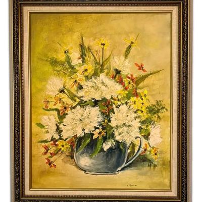 Framed Oil Painting of Yellow Floral Bouquet, Signed by Kathleen Ponziani (24” x 20.5”)