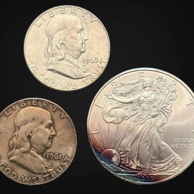 2009 U.S. Silver Eagle Dollar & Franklin Half Dollars (1961-D and 1963-D)