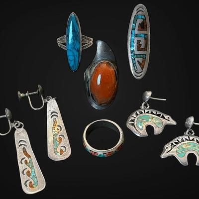 Native American Sterling Silver Jewelry with Crushed Turquoise Inlay (39.3g)