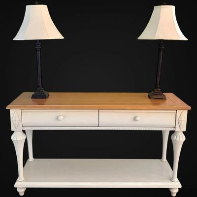 Wooden Farmhouse Style Console Table w/ Two Lamps