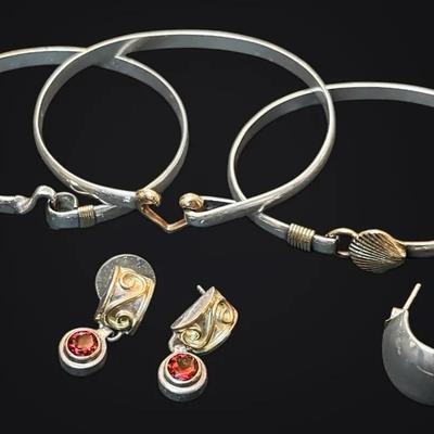 Sterling Silver Bracelets w/ 14k Gold Overlay & Sterling Earrings (49.4g)