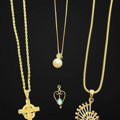 14k Gold Necklaces, Diamond Pearl Pendant, & Heart Charm (16.7g)
