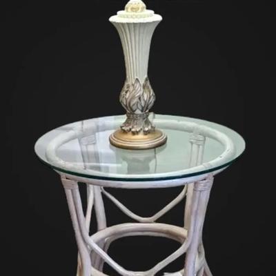 White Round Rattan & Glass Top Side Table w/ Gold-Toned Ceramic Lamp