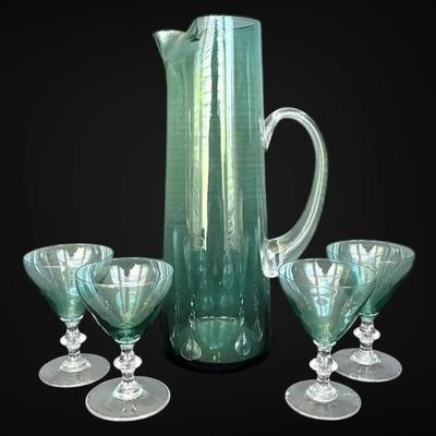 Vintage Teal Martini Pitcher & Glasses