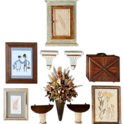 Wooden Wall Cabinet, Dried Flowers, Framed Cross-Stitch, & Boho Decor