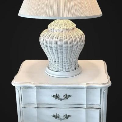 Dixie French Provincial Night Stand w/ White Wicker Lamp