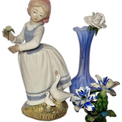 Tengra Spanish Porcelain Girl Figurine & Capodimonte Florals w/ Art Glass Bud Vase