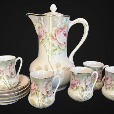 MW & Co. Demitasse Pink Roses Espresso China Set, Made in Prussia 