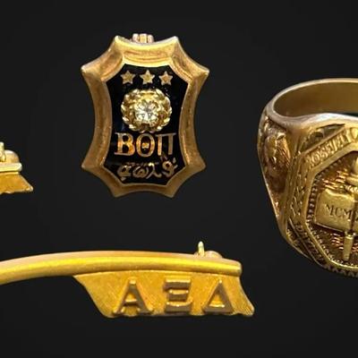 10k Gold & Diamond Pin, Vintage Class Ring, & AEΔ Pins
