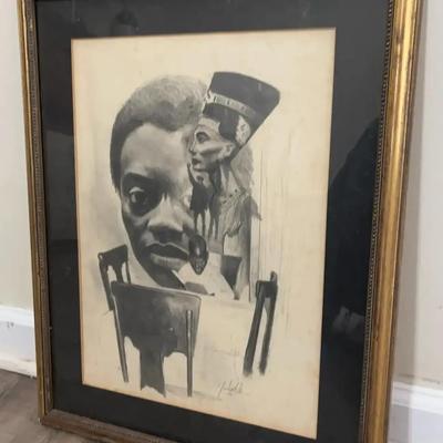 Framed Graphite Drawing Featuring Nefertiti Motif