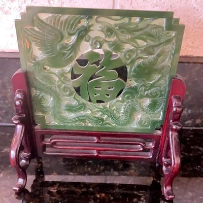 Asian-Inspired Jade-Style Decorative Panel on Wooden Stand, 7" x 7"