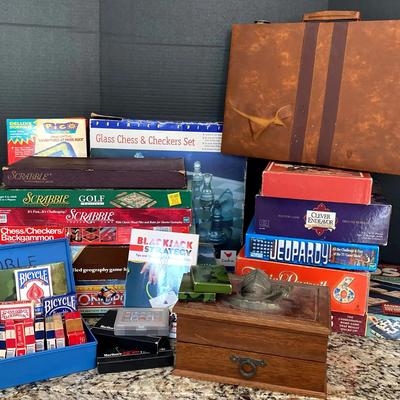 Board Games & Card Deck Collection Featuring Glass Chess & Checkers Set