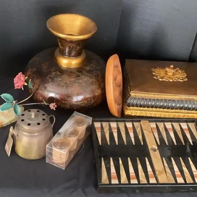 Asian-Themed Décor Collection Featuring Ceramic Vase, Stone Backgammon Board & Gold-Tone Accents
