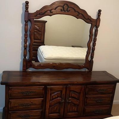 Vintage Solid Wood Dresser with Ornate Mirror