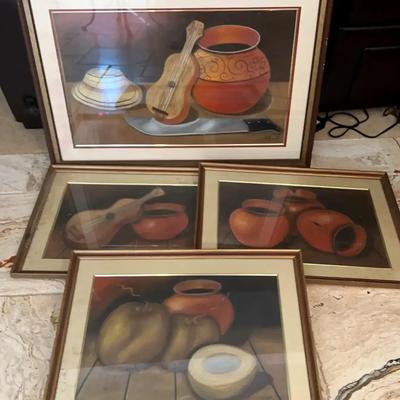 Framed Pottery Artwork Collection, Featuring Four Coordinating Pieces