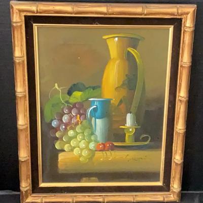Vintage Artist-Signed Still Life Painting in Bamboo-Style Frame