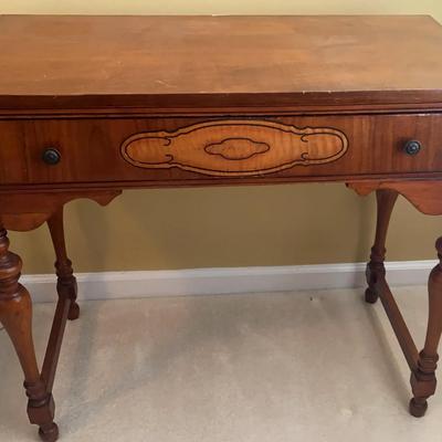 Vintage Wooden Desk with Carved Detail and Metal Pulls