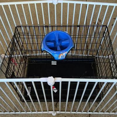 Pet Cages & Accessories Featuring Black Crate, White Gate Enclosure & Food Bowl