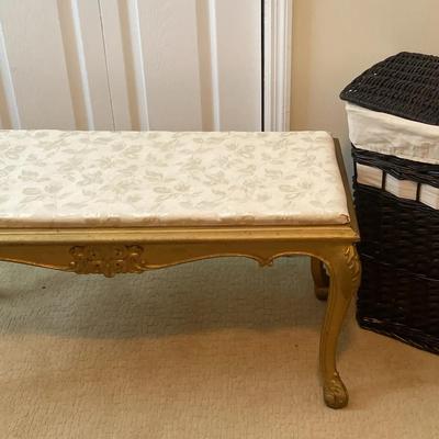 Vintage Upholstered Gold Bench & Woven Laundry Basket
