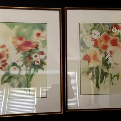 Pair of Nechis Floral Art Prints in Gold Frames