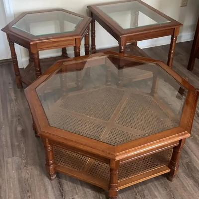 Wood Coffee Table & Side Table Trio with Glass Tops