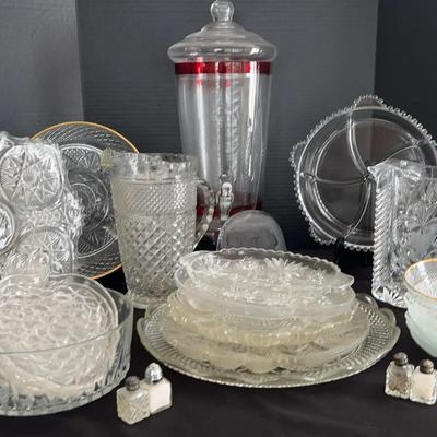 Elegant Cut & Etched Glass Collection Featuring Pitchers, Platter & Goebel Elephant Paperweight
