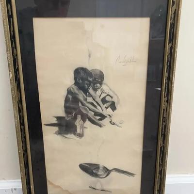 Signed Framed Drawing of Children with Medicine Bottle