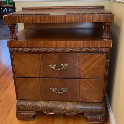 Unique Vintage Two-Drawer Wooden Chest with Ornate Carved Details