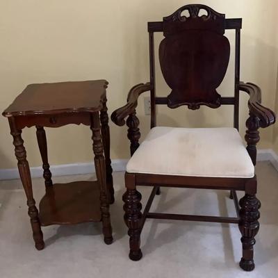 Wooden Armchair with Fabric Seat & Matching Side Table