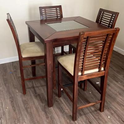 High-Top Wood & Glass Table with Four Chairs