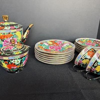 Vintage Chinese Black Porcelain Tea Set (22 Piece Set)