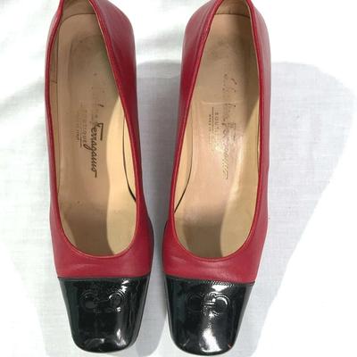 Vintage Red Leather Ferragamo Kitten Heels 