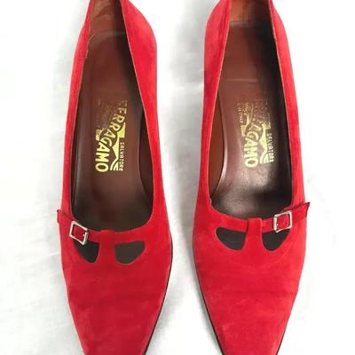 Vintage Red Suede Ferragamo Kitten Heels 