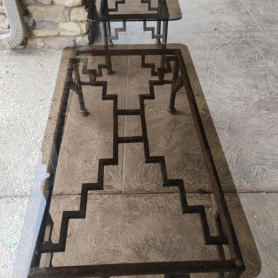 Smoke Glass Coffee Table And Side Table With Southwestern Metal Base