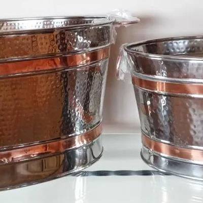 Two- Hammered Large Metal Planters W/Copper Rings And Copper Handles. 19x14.5x19.5/23x17x12