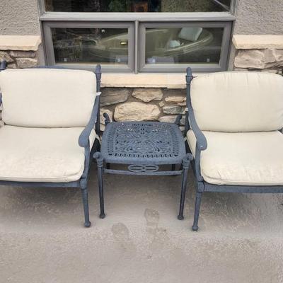 2 Metal Patio Chairs with Cushions and Side Table