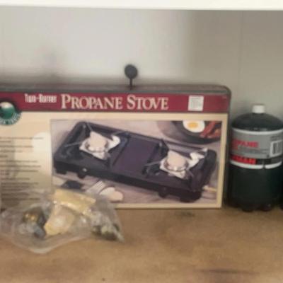 Sierra Stove, Ozark Trail Two-Burner Stove, Coleman Extension Hoses, Matches, and Propane Fuel