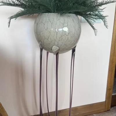 Glass Bowl With Elongated Glass Feet - Includes Artificial Plant