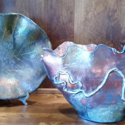 Decorative Raku Ruffled Edge Bowl & Plate. 14x6x8.5/11"